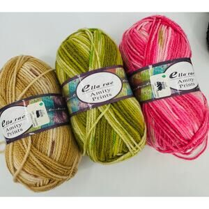 3 Ella Rae Amity Prints Yarn Mixed Lot Pink Green Tan Wool Blend Worsted Weight